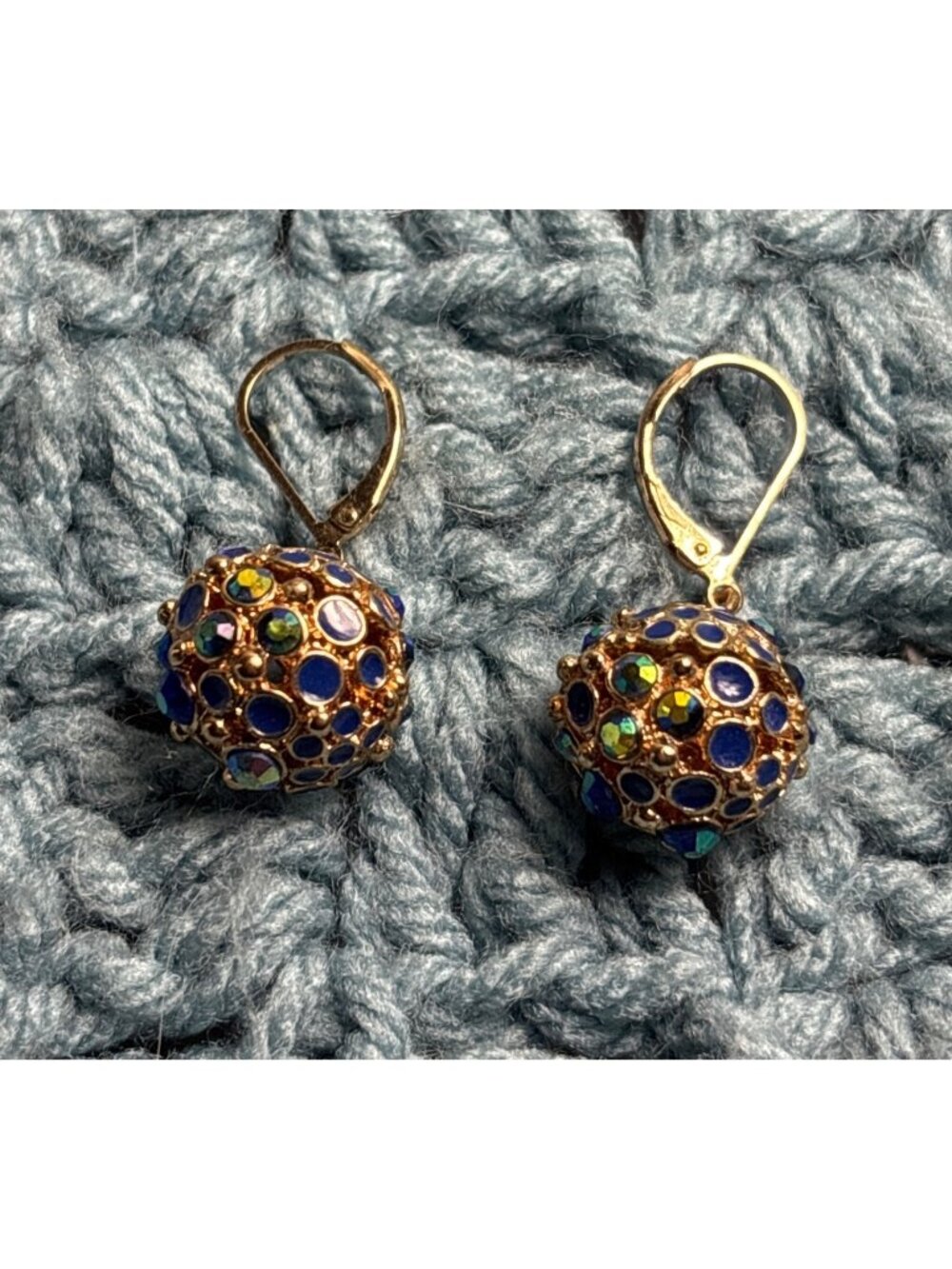 Goldtone Bead Dangle Leaverback Earrings Blue Green AB Rhinestones Blue Enamel